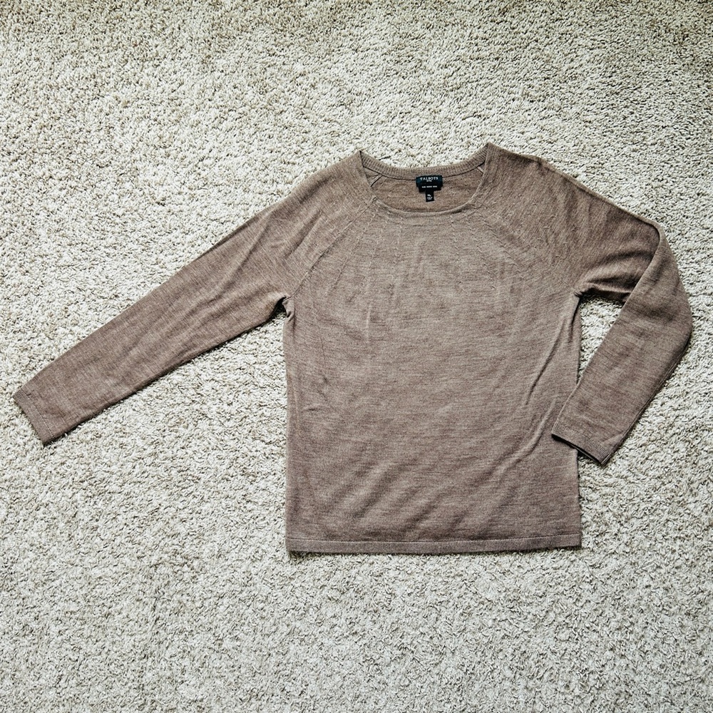 Talbots 100% Wool Sweater I Size MP I Taupe I‎ Lightweight Knit I Small Flaw